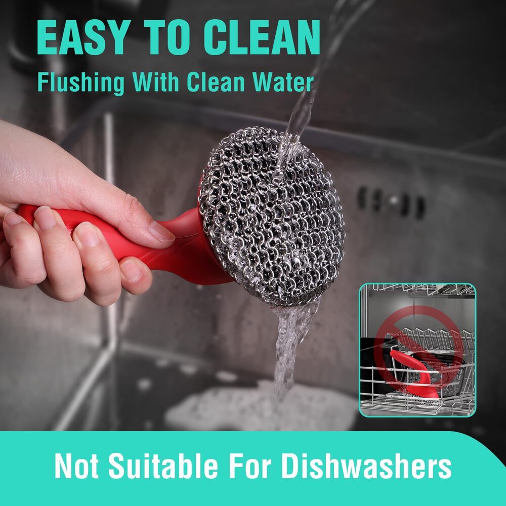 HAUSHOF Cast Iron Scrubber with Long Handle Kitchen Cleaning Kit for Grill Dutch