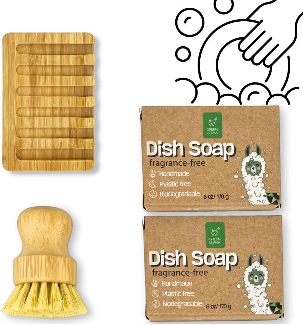 Dish Washing Bar Soap Set with 2 Solid Coconut Oil Bars Sisal Scrub Brush