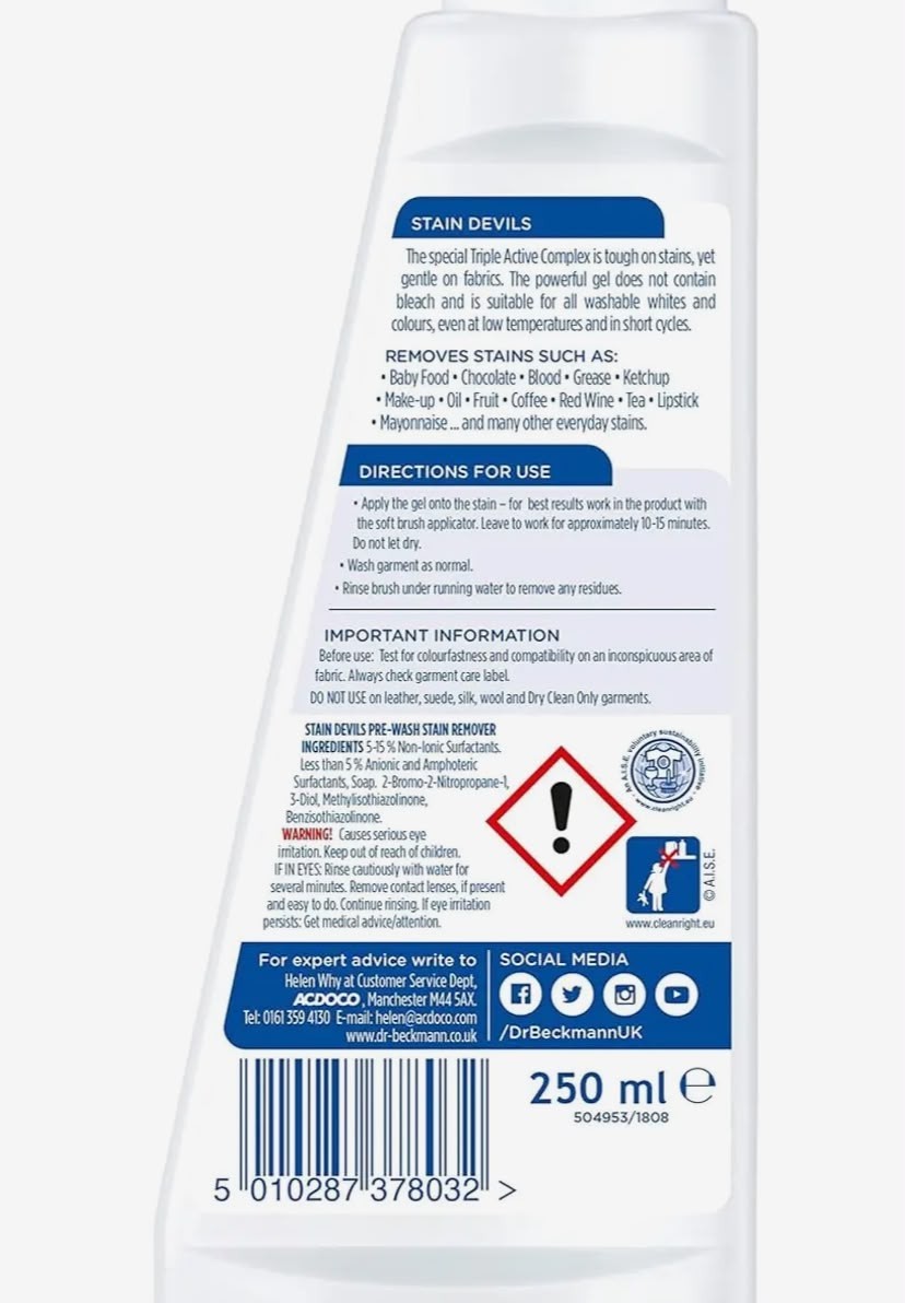 Dr. Beckmann Stain Devils Pre Wash Stain Remover Power Brush 250ml Removes 100+