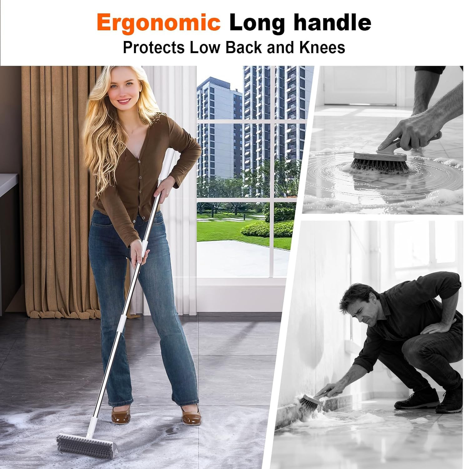 Floor Scrub Brush with Long Handle, Heavy-Duty Tile and Shower Grout Brush