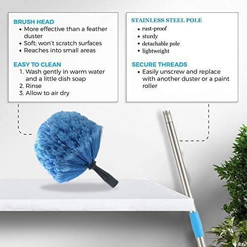 Cobweb Duster with Pole, 4ft Stainless Steel Pole Cobweb Brush with Medium-Stiff