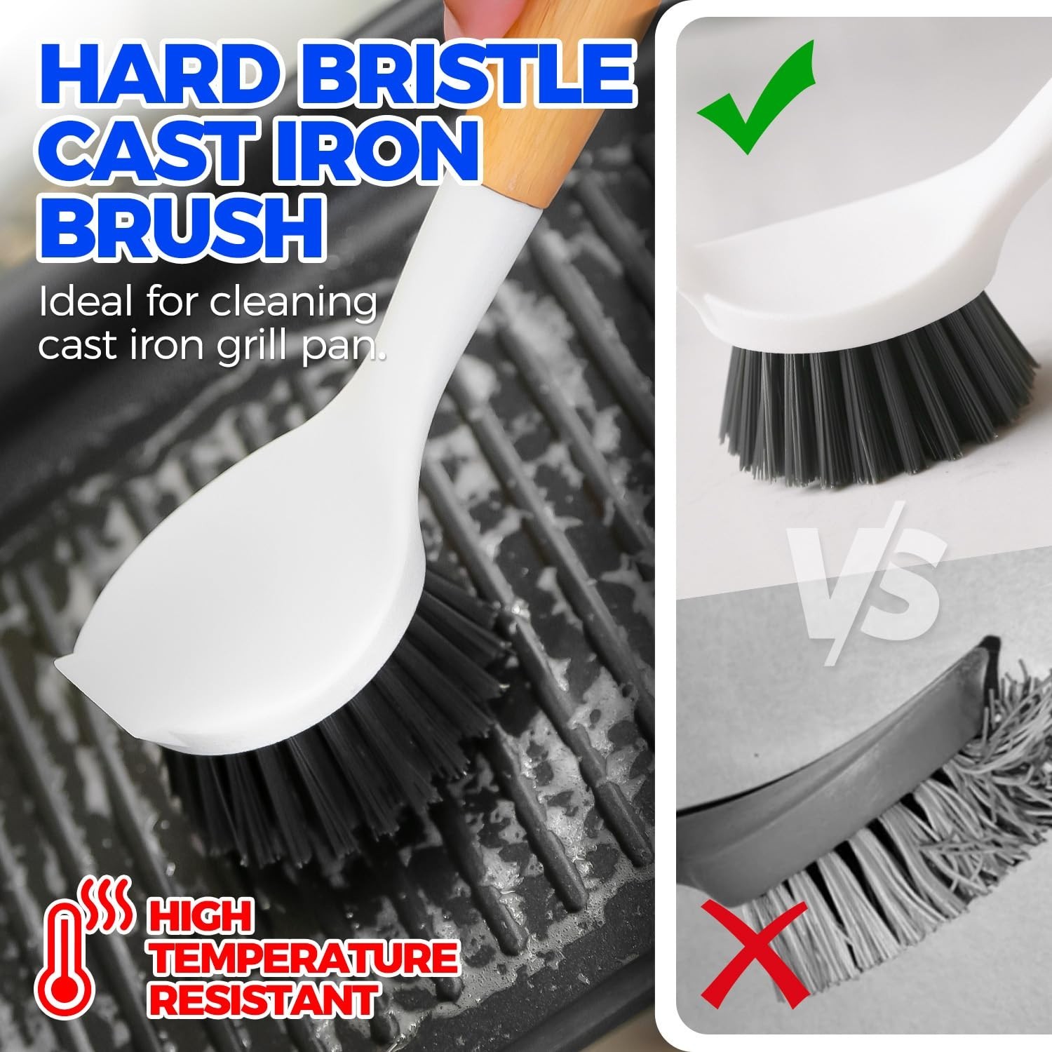 3 Pack Dish Brush Set with Bamboo Handle, Kitchen Brushes for Cleaning Pot, Sink