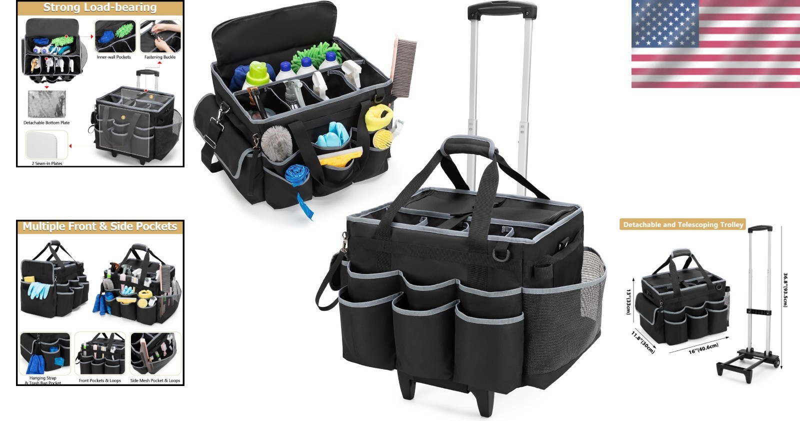 Luxury Cleaning Caddy with Detachable Trolley & Shoulder Strap – 16×11.8×13 inch