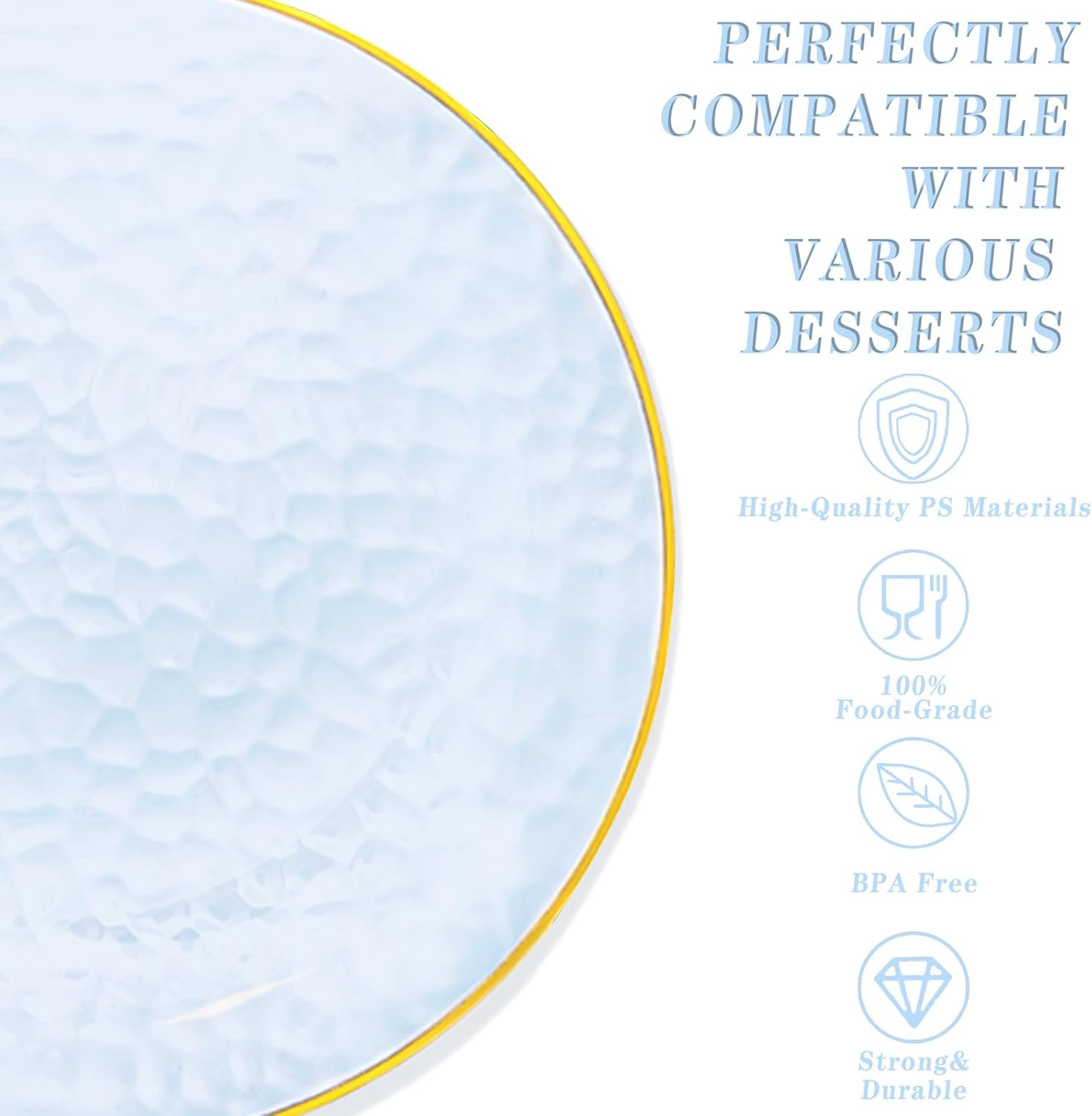 Dayammi 175PCS Clear Blue Gold Plastic Dinnerware Set for 25 Guests, Hammered Di