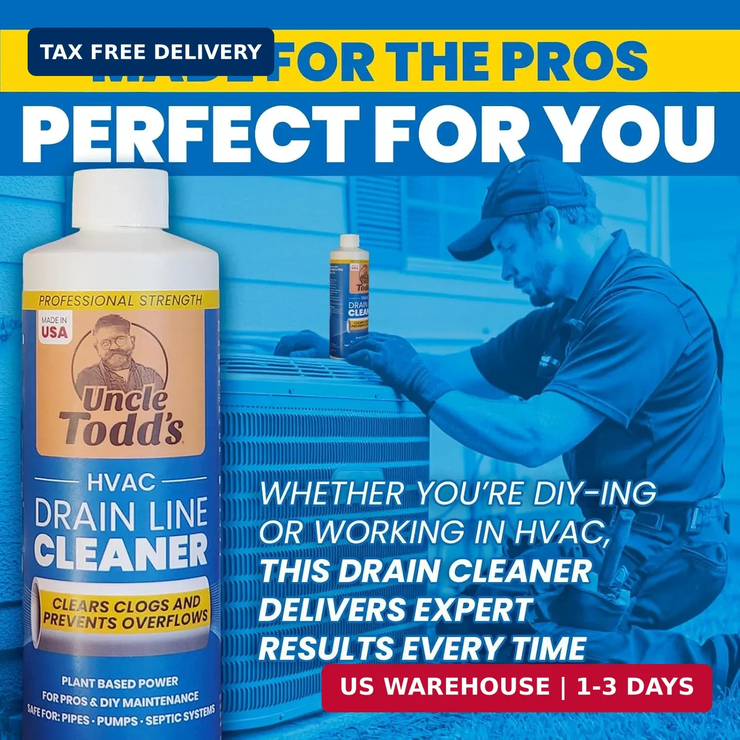 Uncle Todd’s HVAC Drain Line Cleaner – 16 Months Supply Bleach-Free, Fast-Acting