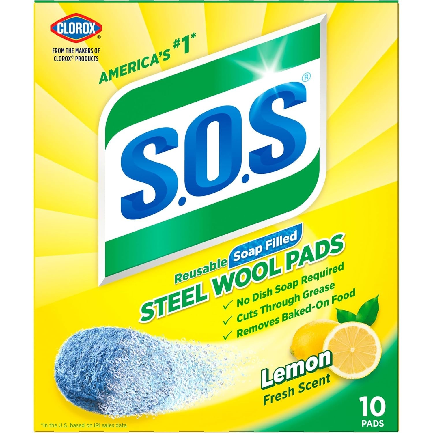 SOS Steel Wool Soap Pads Lemon 10ct Kitchen Pots Pans Dish Cleaner Scrubbers
