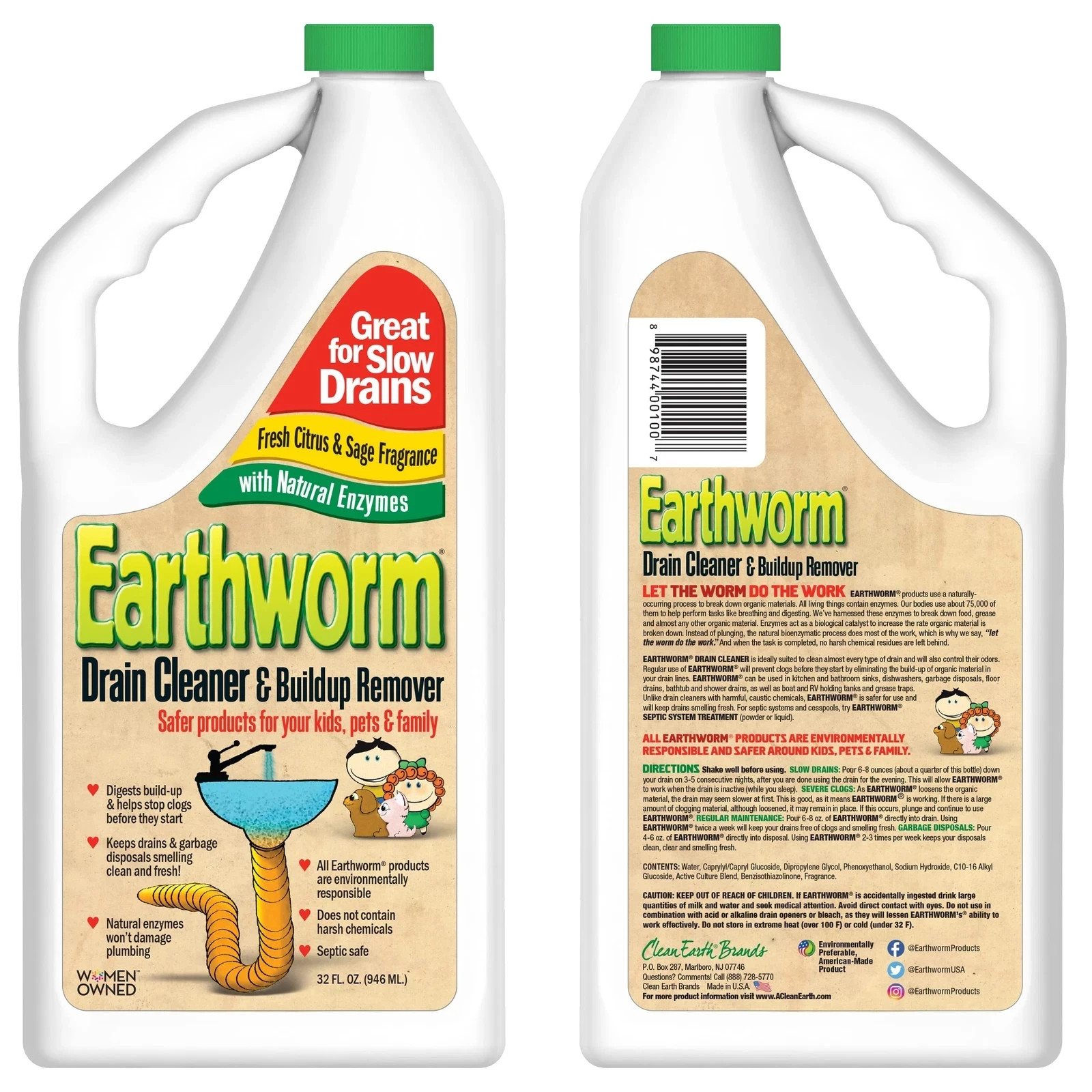 Natural Drain Cleaner 32 Fl Oz Citrus Sage Enzyme Safe for Kids Pets