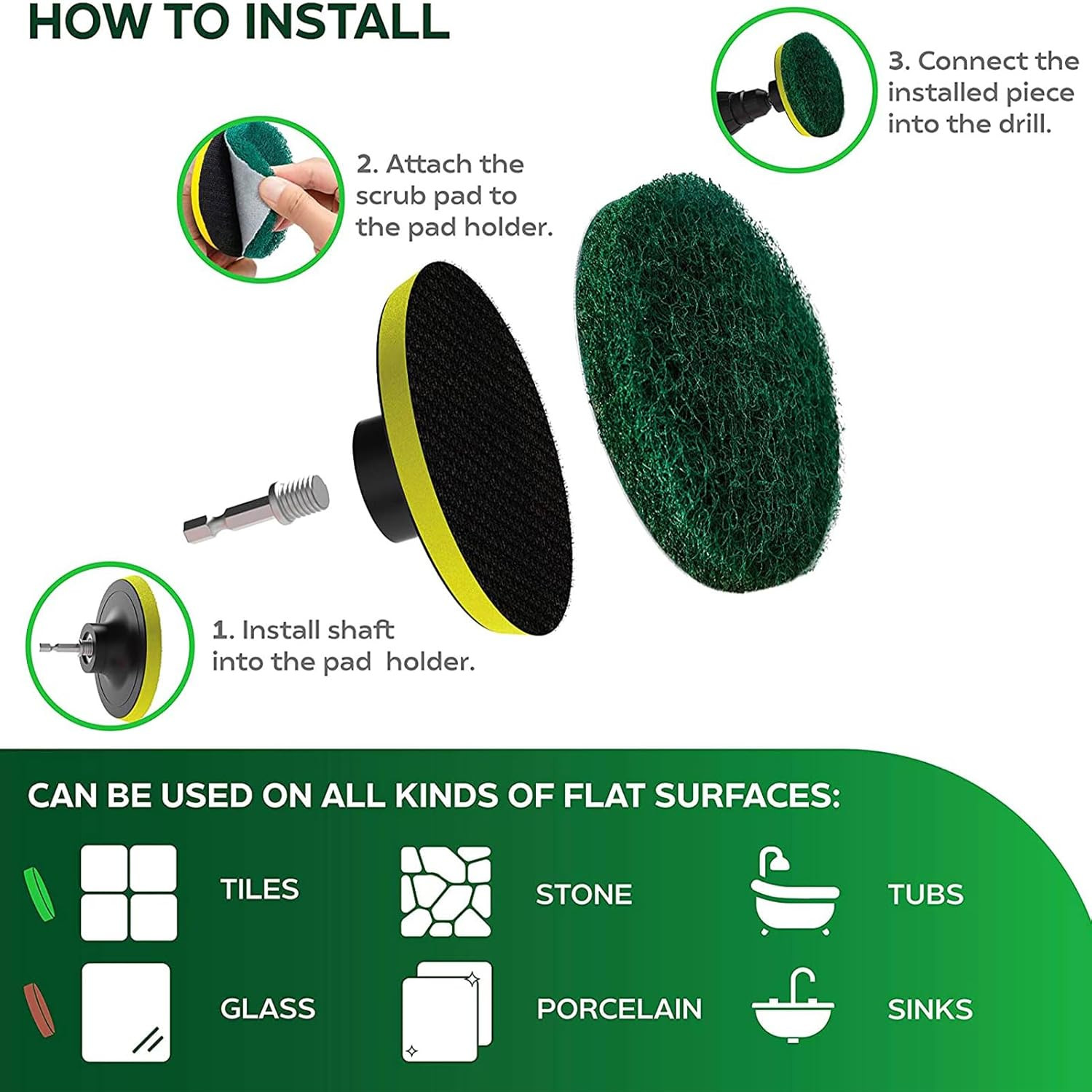 4″ Drill Powered Scrubber Pad Set 6pc Scouring Pads & Holder for Tile Grout Floo