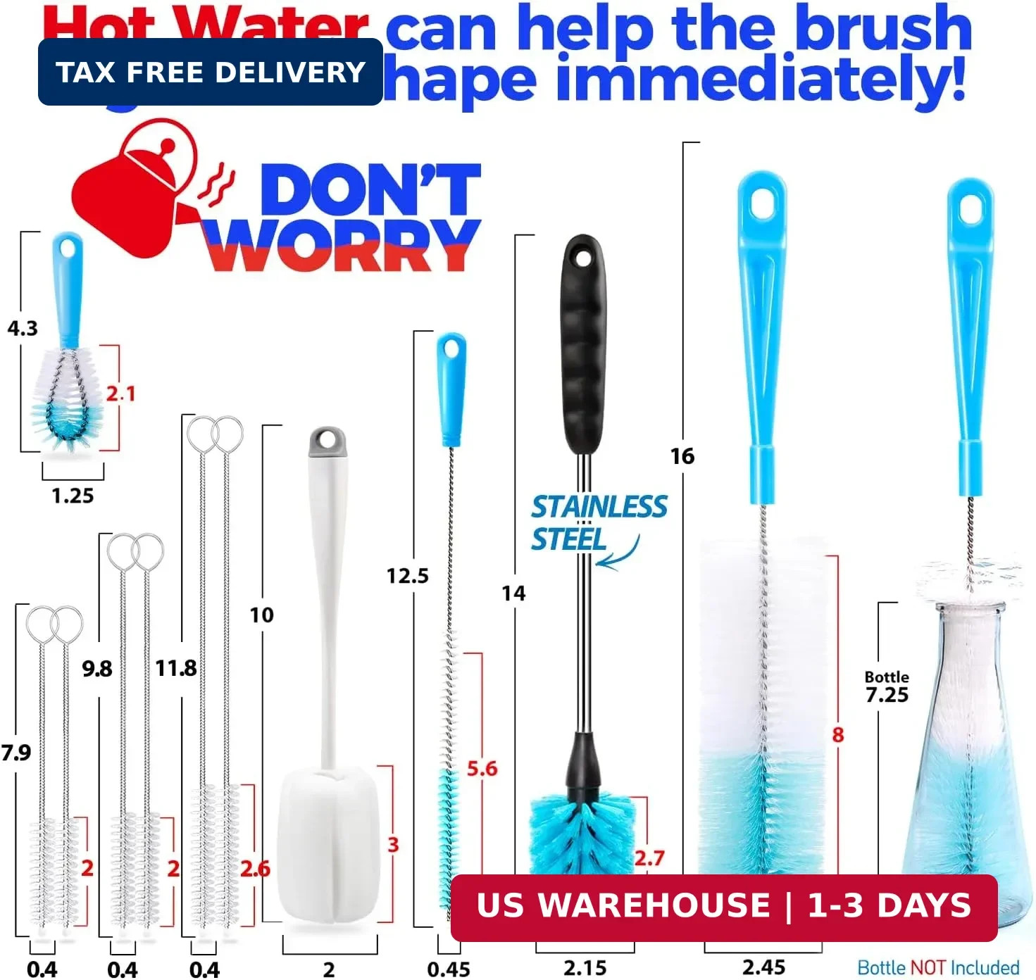 Holikme Bottle Brush Tube Cleaning Lab Set with Long Handle, Cup Cleaner for Was