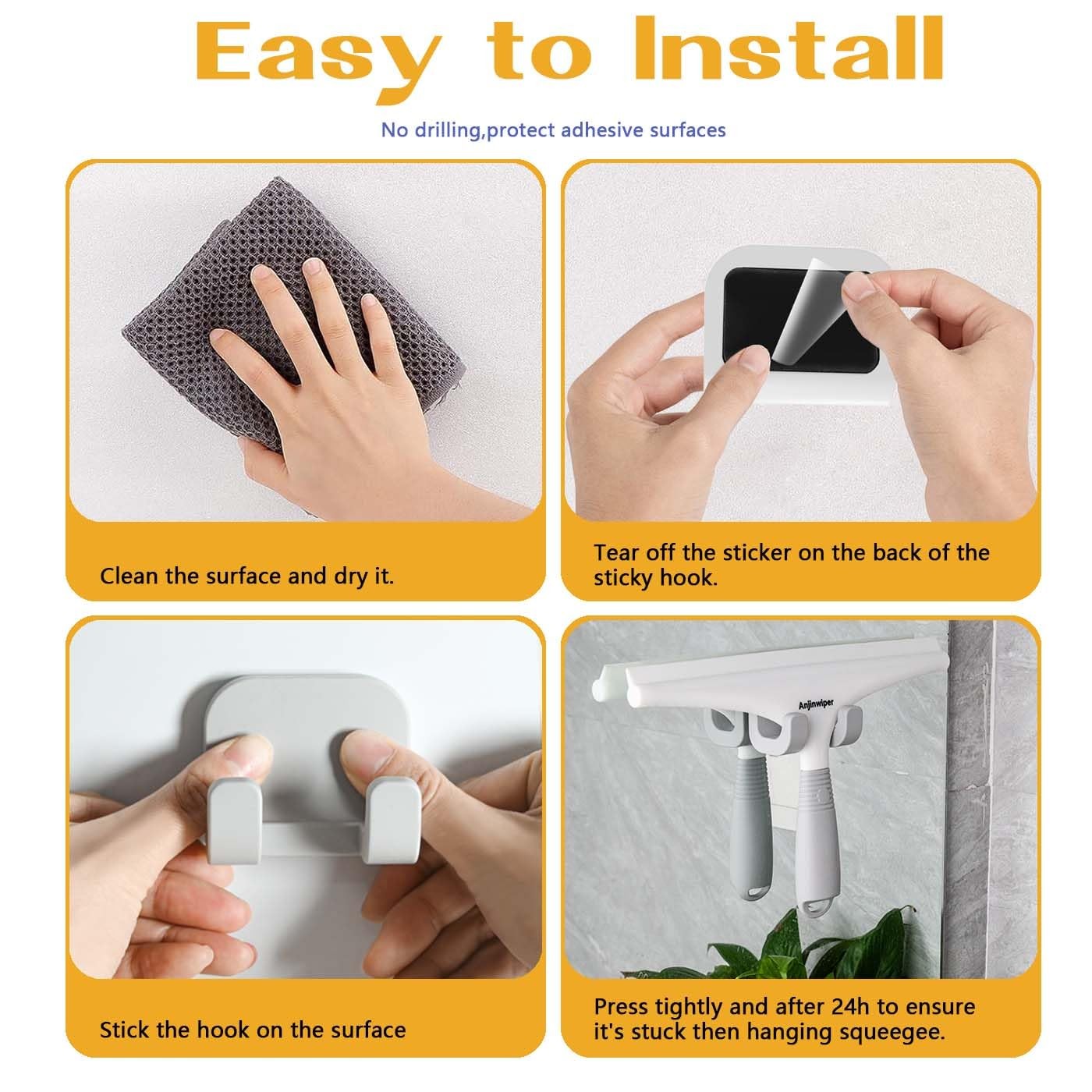Shower Squeegee for Glass Tiles, 10 Silicone with Hook, White/Gray
