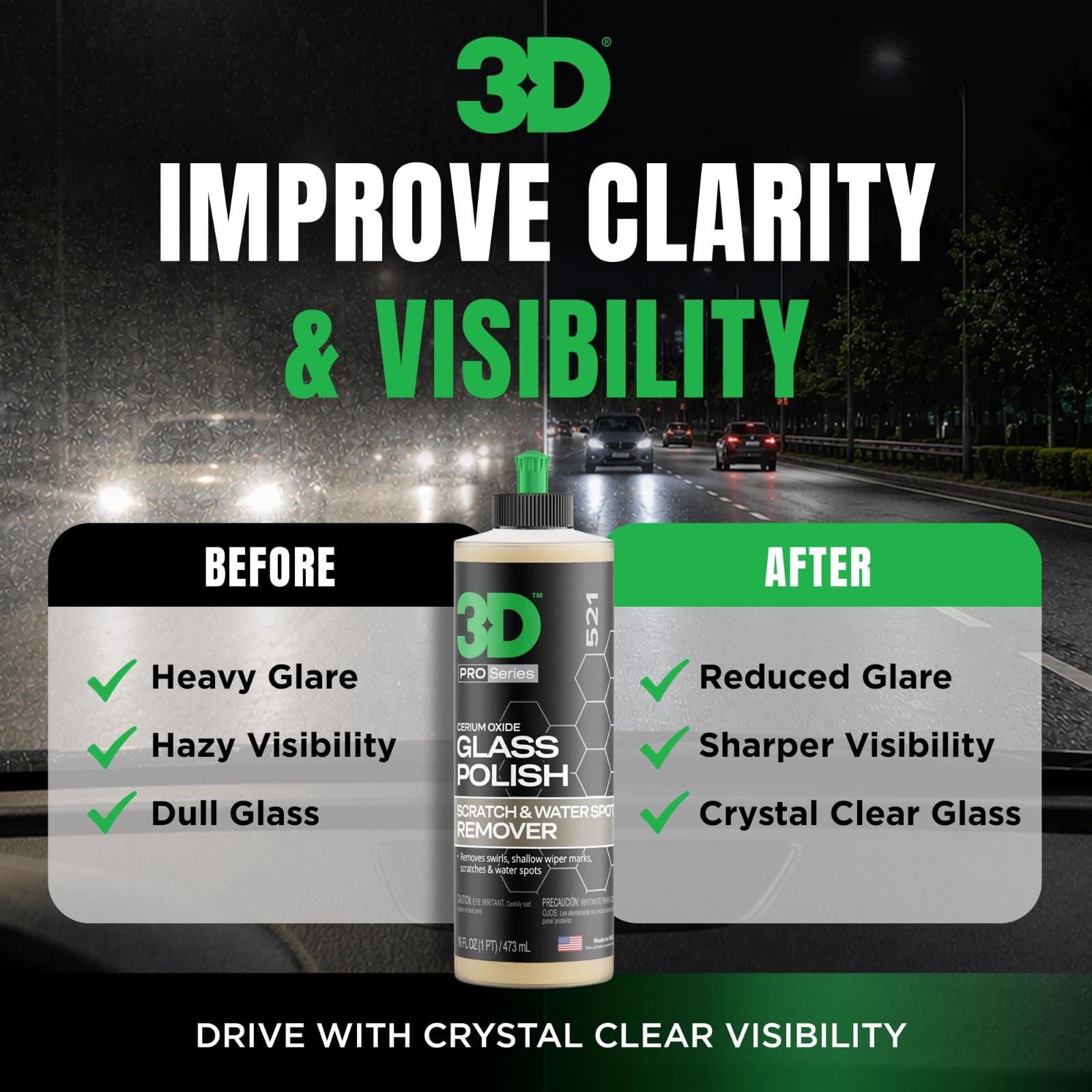 3D Glass Polish – Cerium Oxide Scratch Remover for Car Windows, Restores Clarity