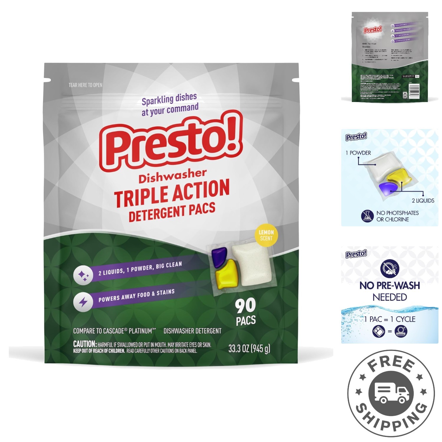 Fresh Lemon Scent, 90 Count Dishwasher Pacs – Powerful Triple Action Cleaner