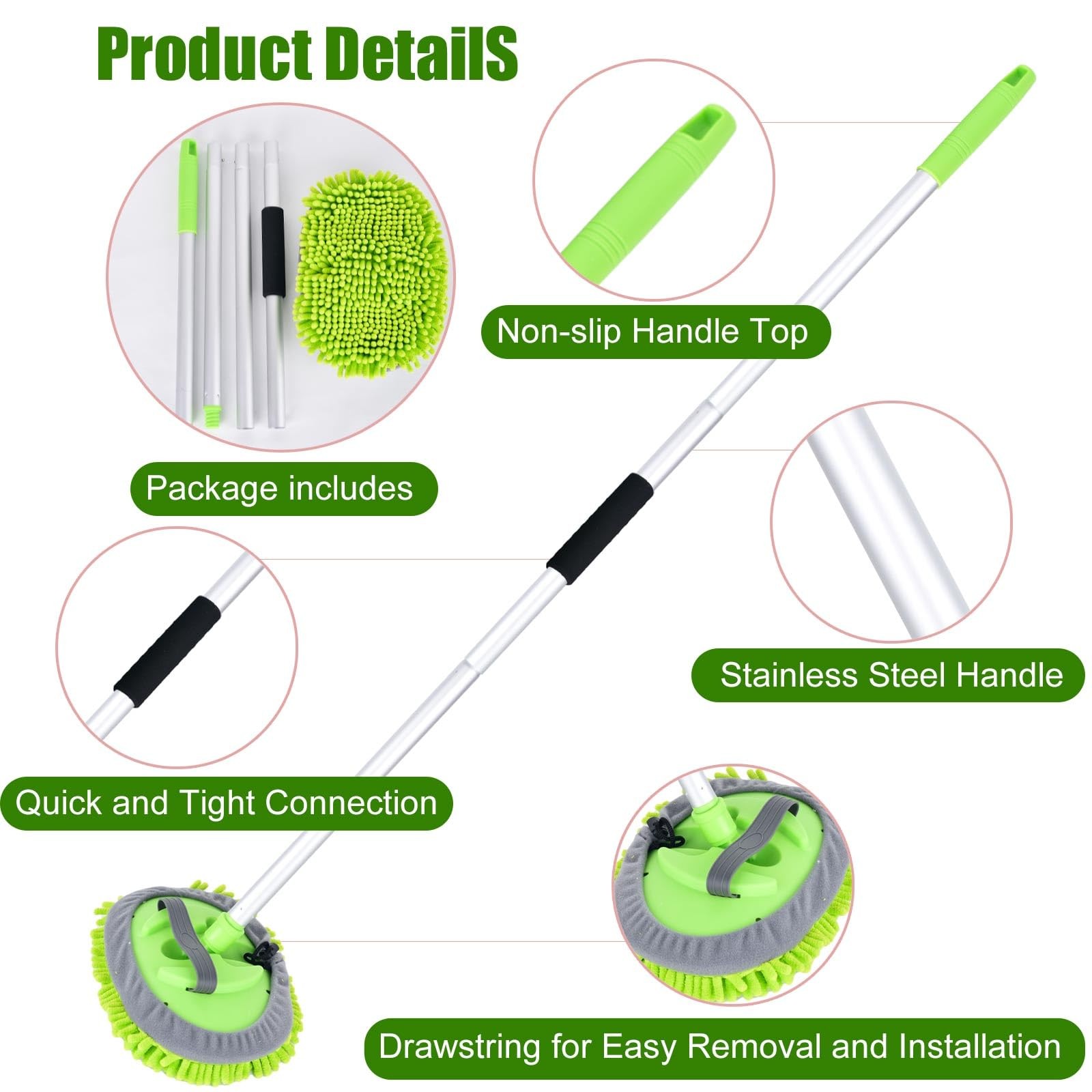 62″ Microfiber Car Wash Brush Mop Kit with Long Handle and 1 Replacement Head