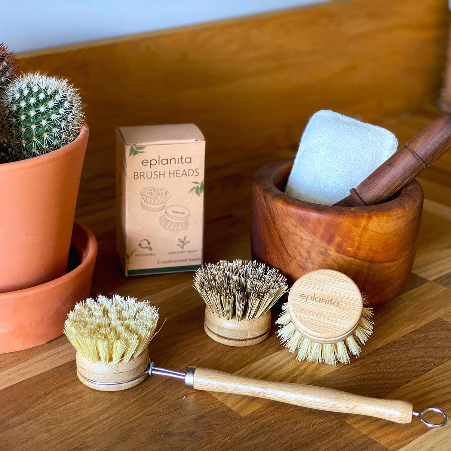 Natural Dish Brush, 3 Replacement Heads, Kitchen Eco Bamboo Scrubber Brushes, Ex