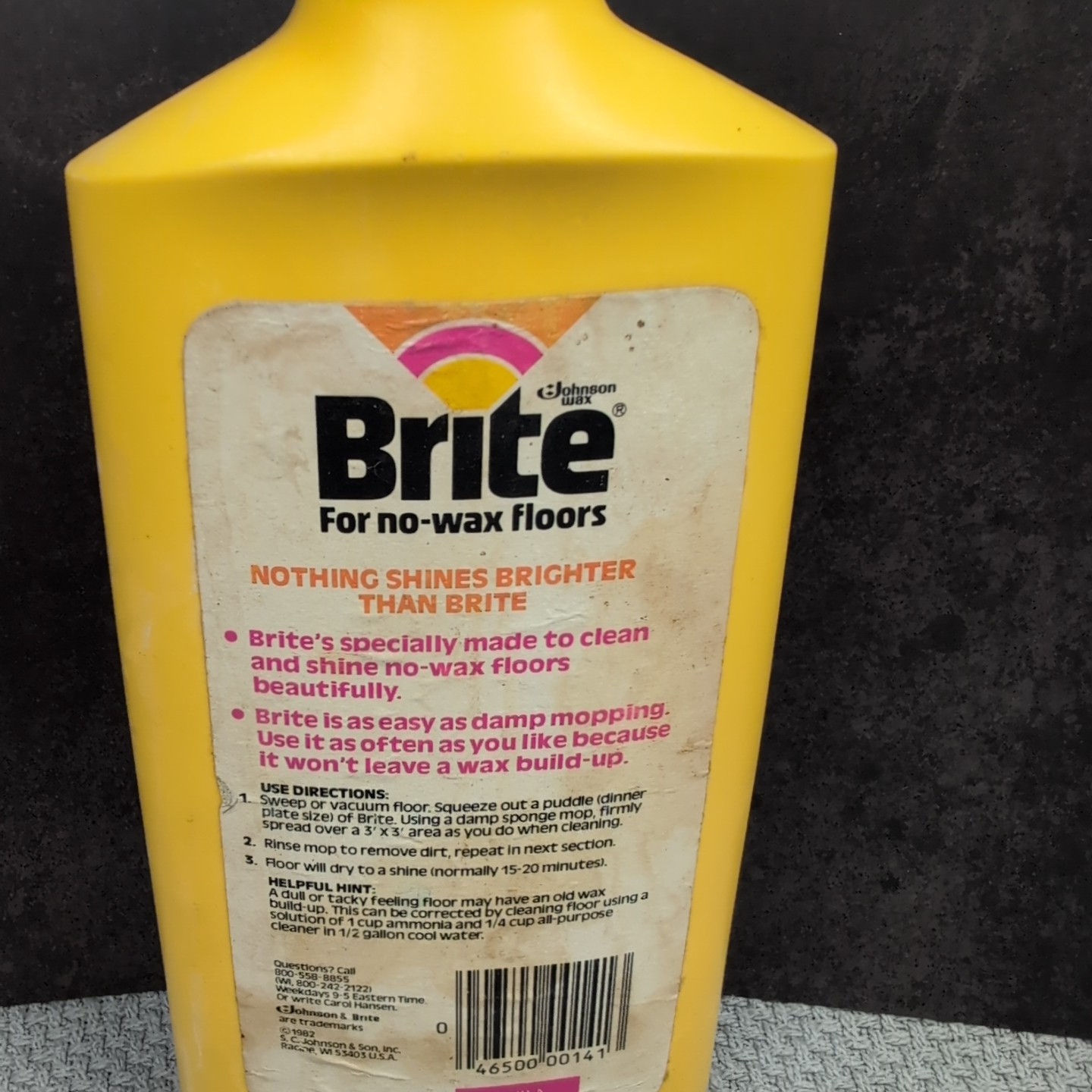 Vintage 1982 Brite No-Wax Floor Cleaner 16oz Bottle 79% Full Prop S.C. Johnson