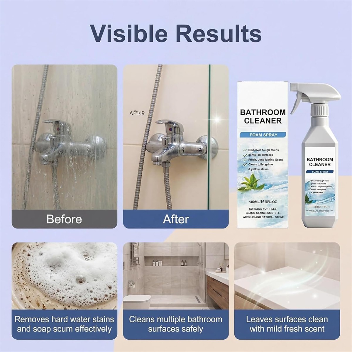 Bathroom Cleaner Foam Spray 500ml,Scale Remover Bathroom Cleaner For Tiles,Glass