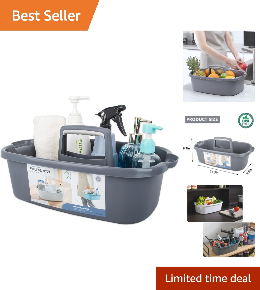 Elegant Large Portable Cleaning Caddy – Sturdy Dark Gray Organizer Basket
