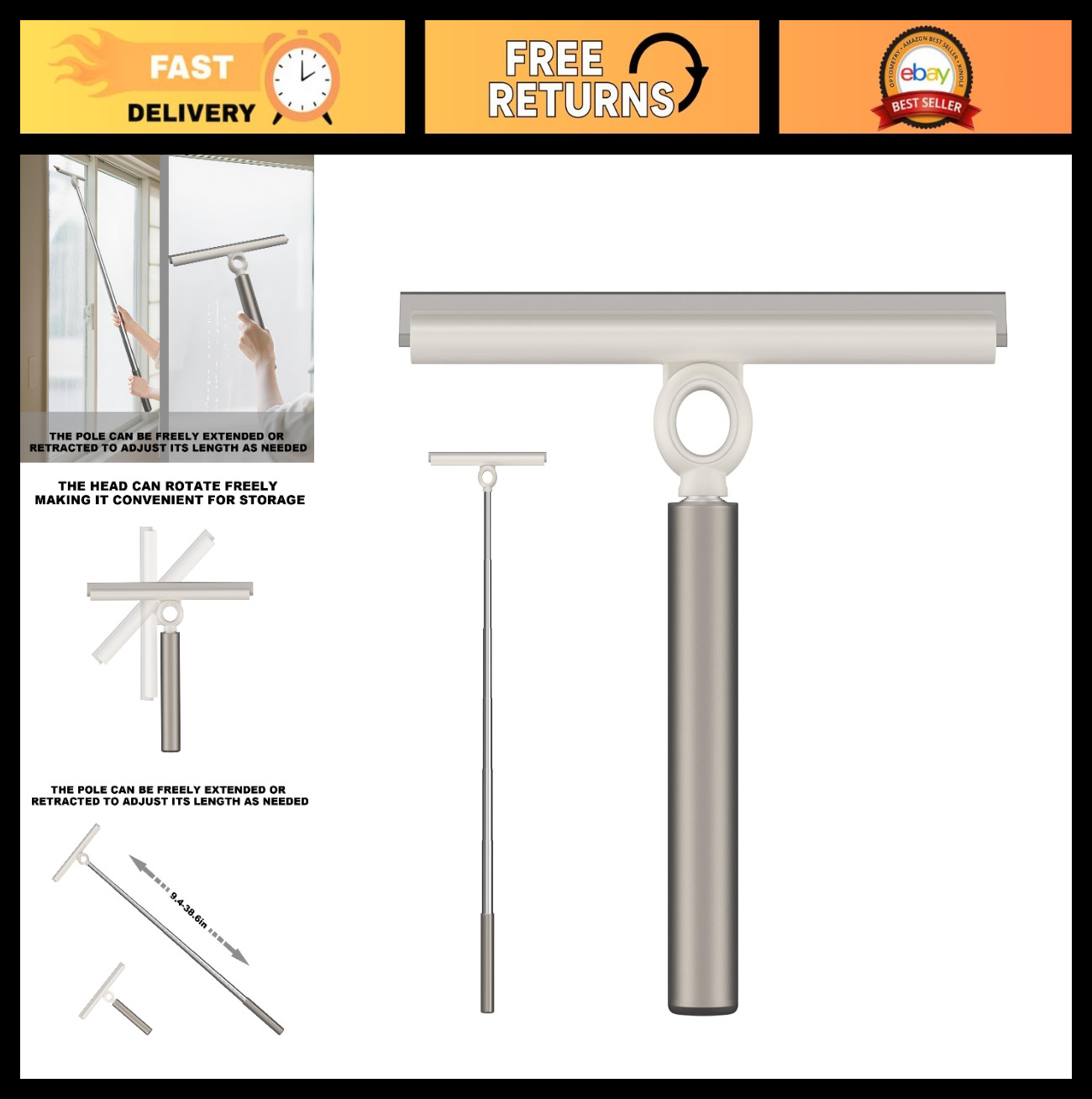 Extendable Shower Squeegee with 10-Inch Silicone Blade & Telescoping Handle