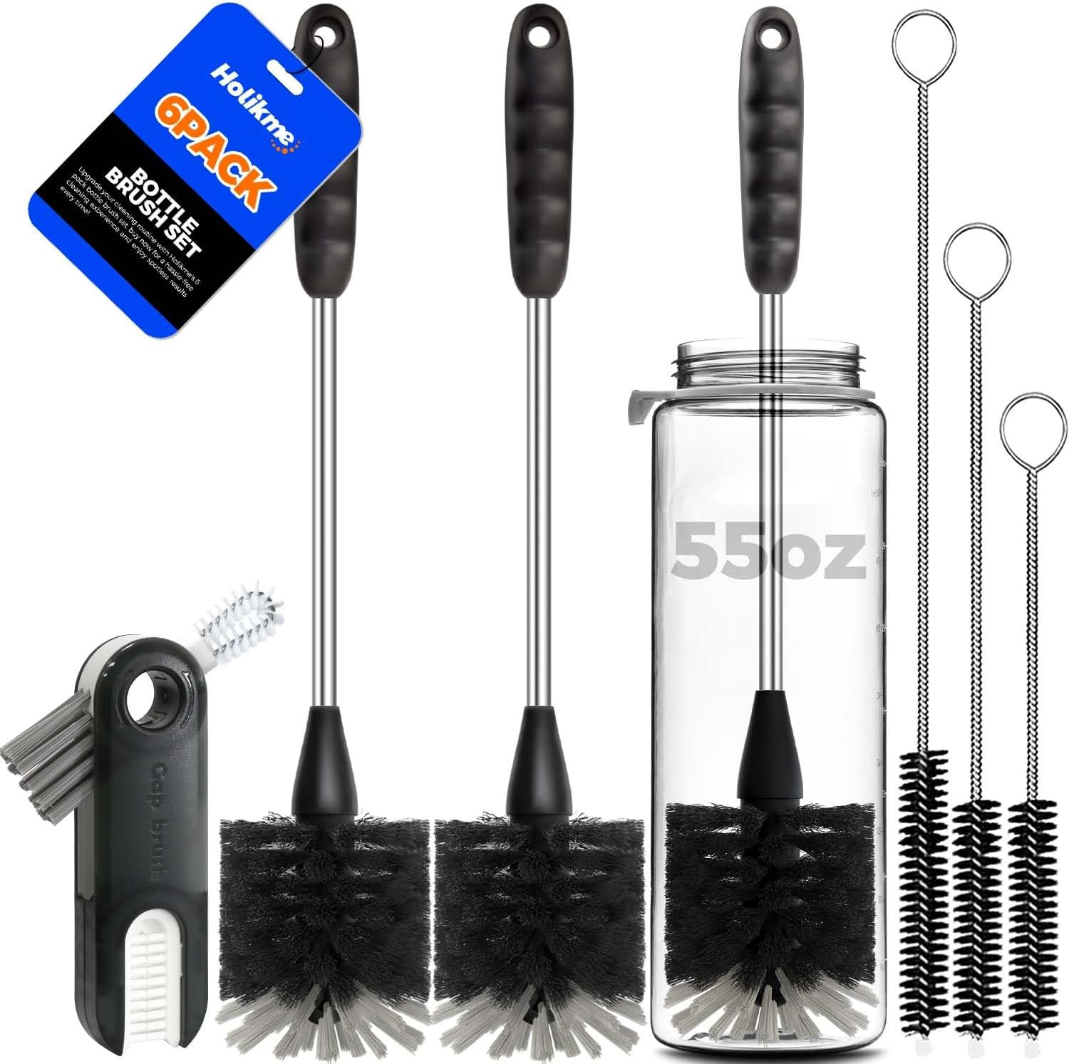Holikme 6 Pack Bottle Brush Set, 14″ Long Handle Stainless Steel Bottle Cleaner