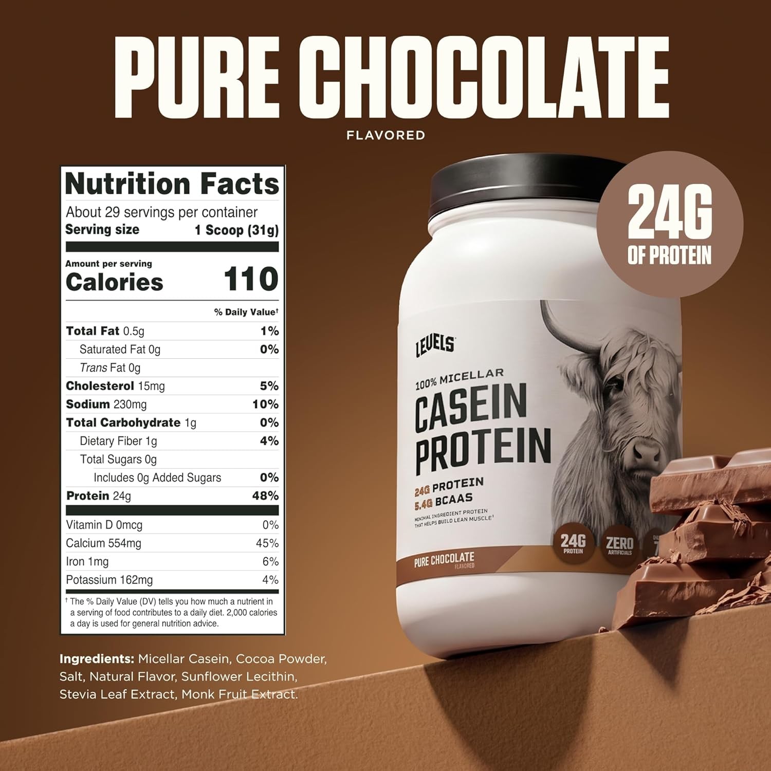 Levels 100% Micellar Casein Protein, Hormone Free, Chocolate, 2LB