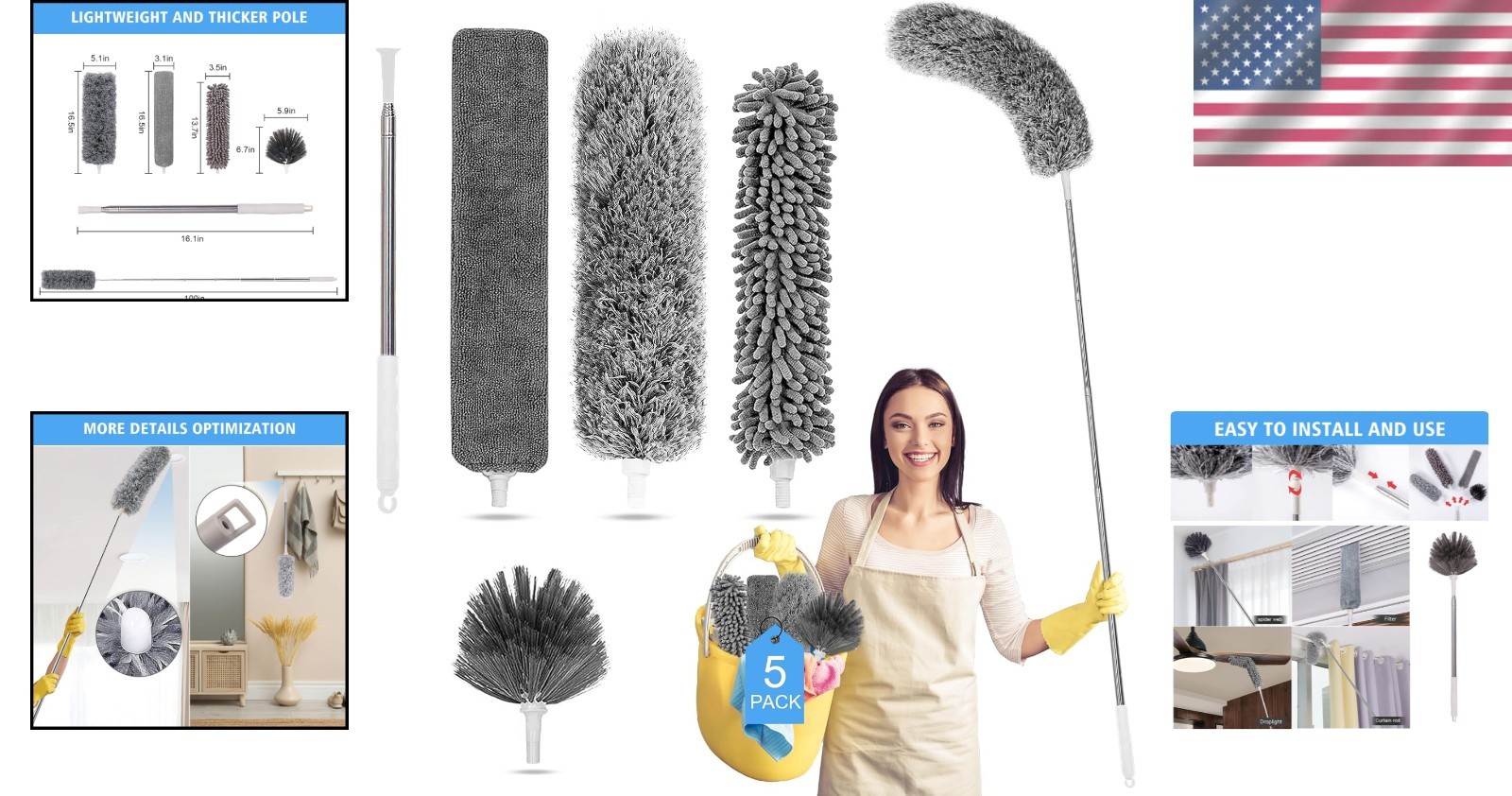 Bendable Microfiber Duster Set with 100” for Home & Car Cleaning