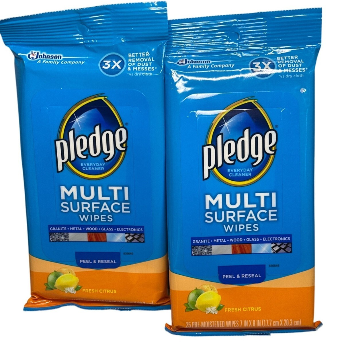 Pledge Multi Surface Wipes Fresh Citrus 25 Count Pack Of 2 For Electronics Grani