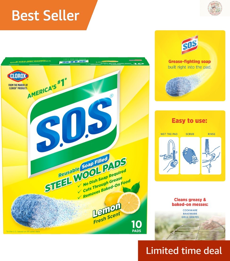 10 Pack of Super Absorbent Steel Wool Soap Pads – Long Lasting, Lemon Fresh