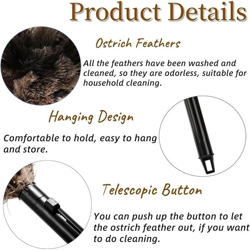 Extendable Feather Duster 2pcs Natural Ostrich Cleaning Tool Lightweight Dusting