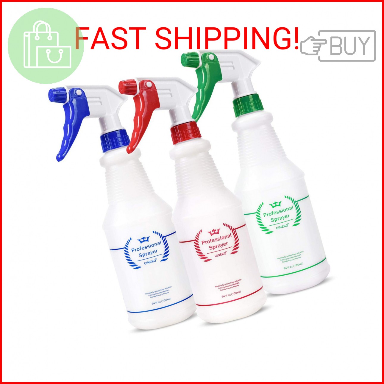 Uineko Plastic Spray Bottle (3 Pack, 24 Oz, 3 Colors) Heavy Duty All-Purpose Emp