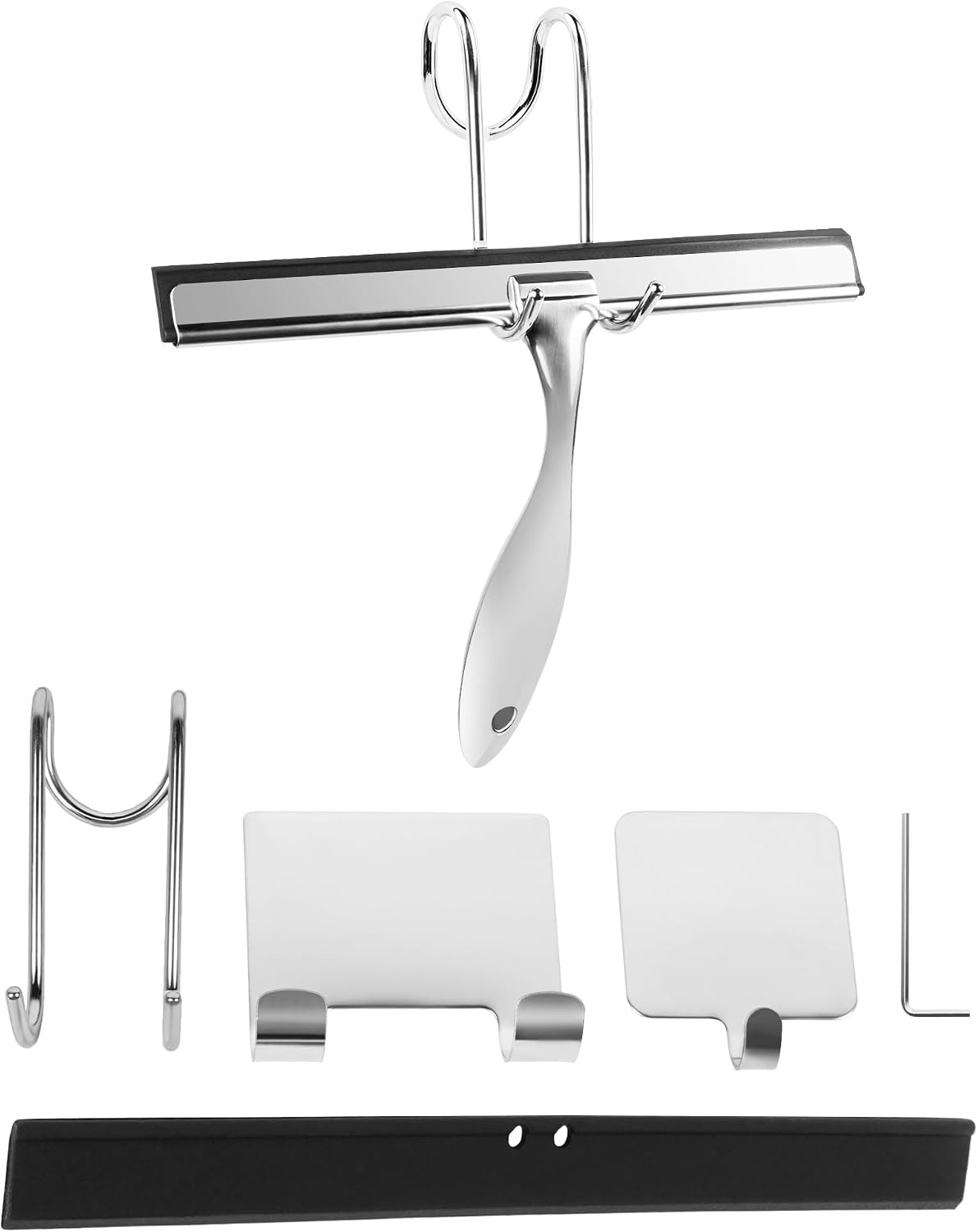 All-Purpose Stainless Steel Shower Squeegee Come with S Hook, 2 Square Sticky Ho