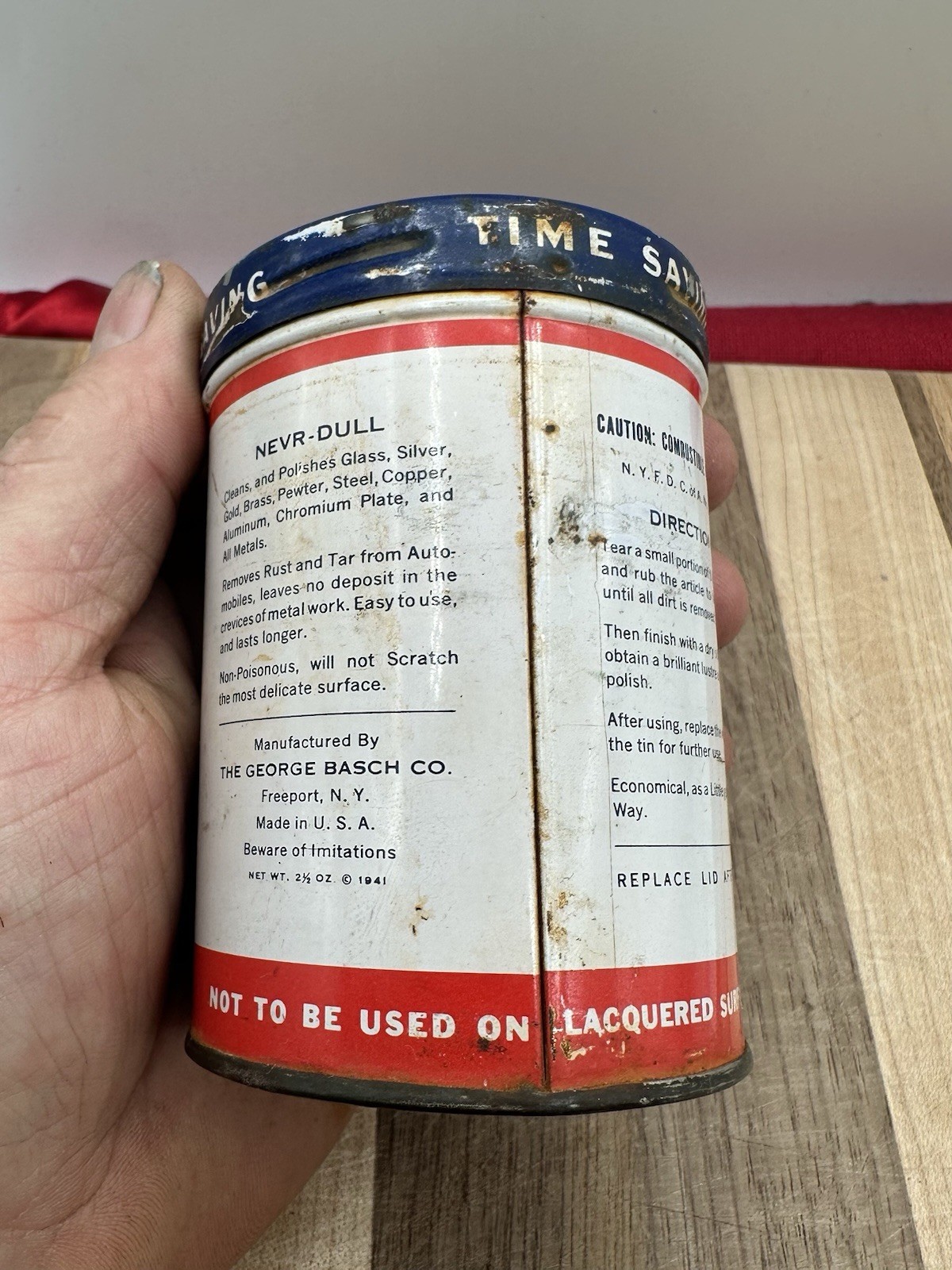 Vintage Nevr-Dull 2.5 Oz. Magic Wadding Polish Collectible Tin 1941 Can Design