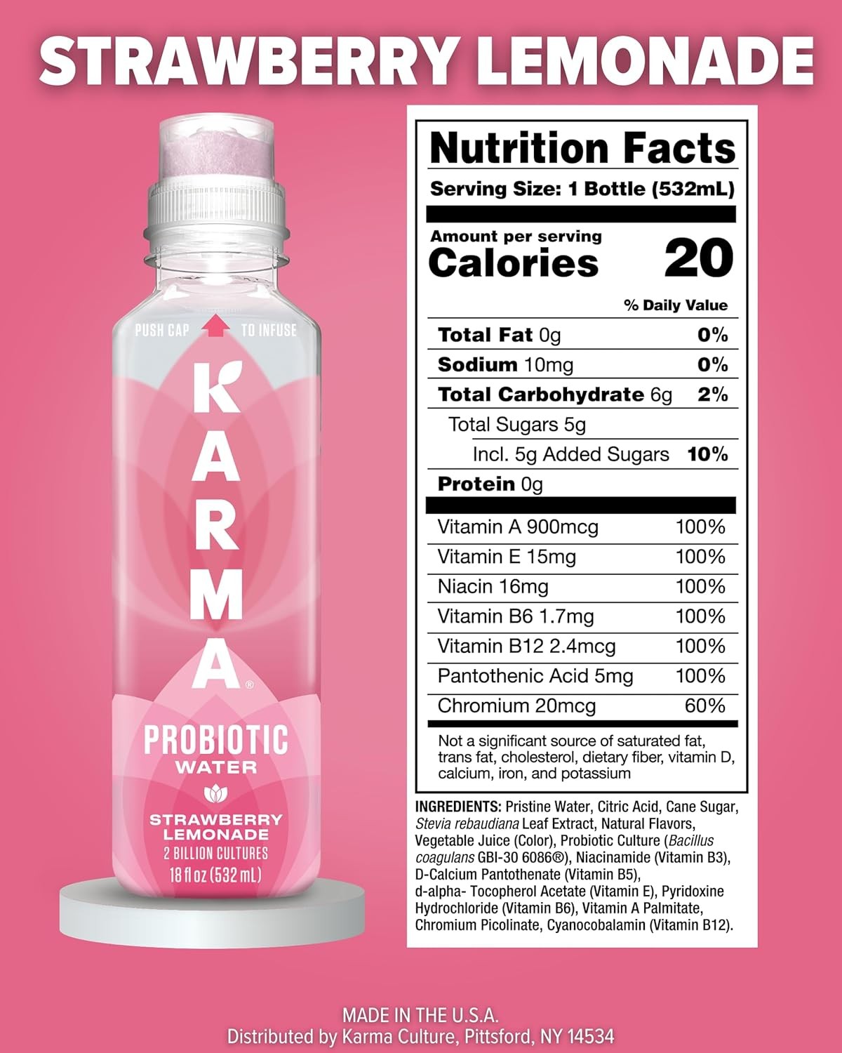 Karma Probiotic Water – 12 Pack, Strawberry Lemonade Drink – Immune & Gut Heal