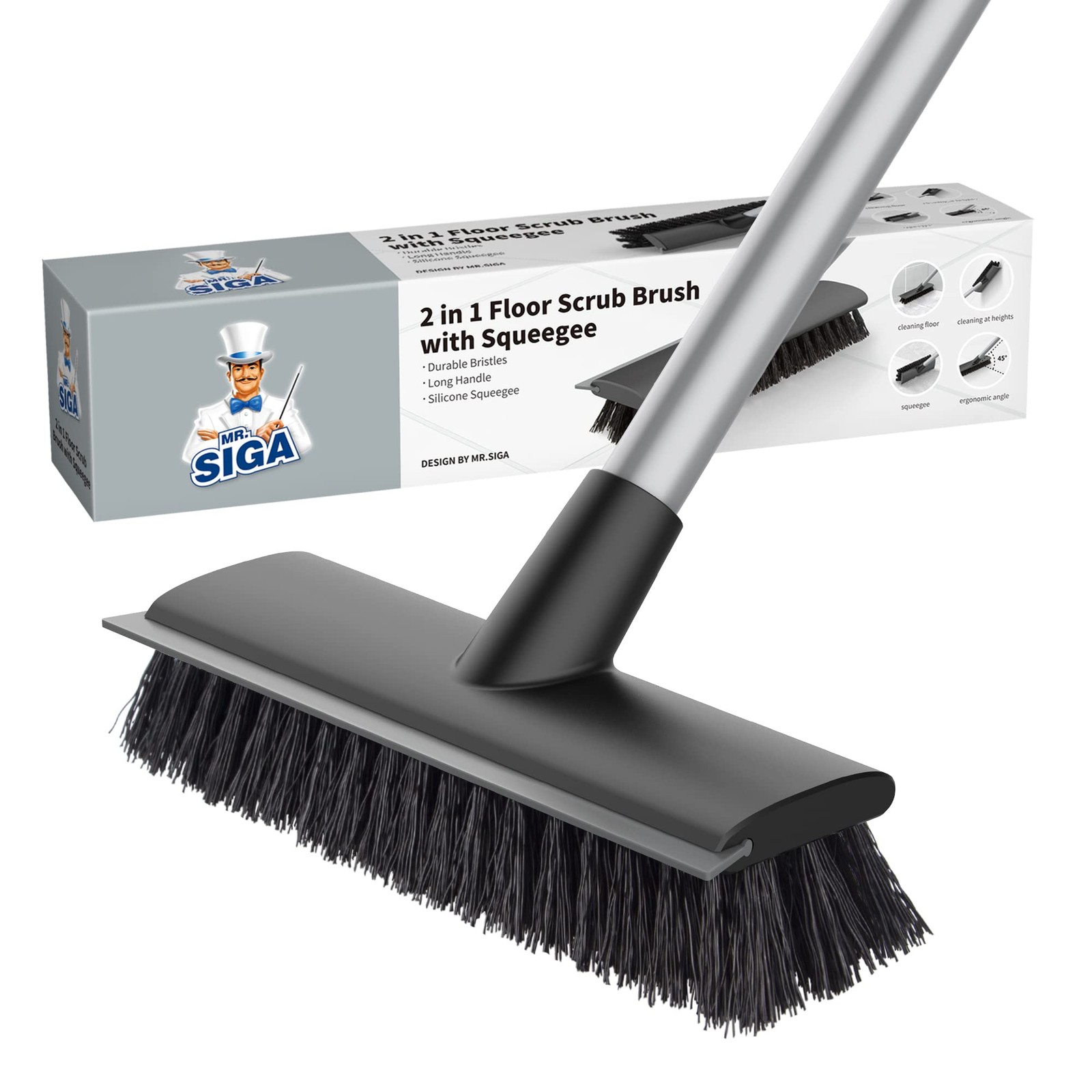 Floor Scrub Brush with Long Handle, 2 in 1 Scrubber and Squeegee for Cleaning…