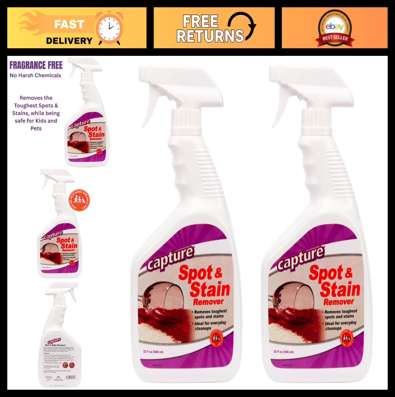 Multi-Purpose Spot & Stain Remover for Carpet, Couch, Sofa – 32 oz (2 Pack)