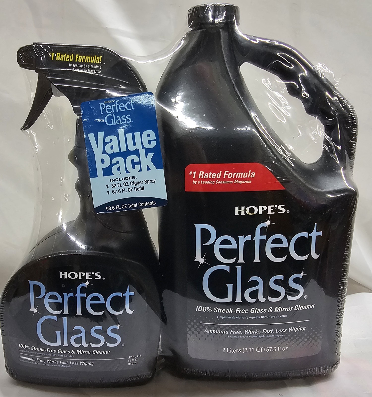 HOPE’S Perfect Glass Cleaner 32oz Spray Bottle Plus 67.6oz Refill Value Pack