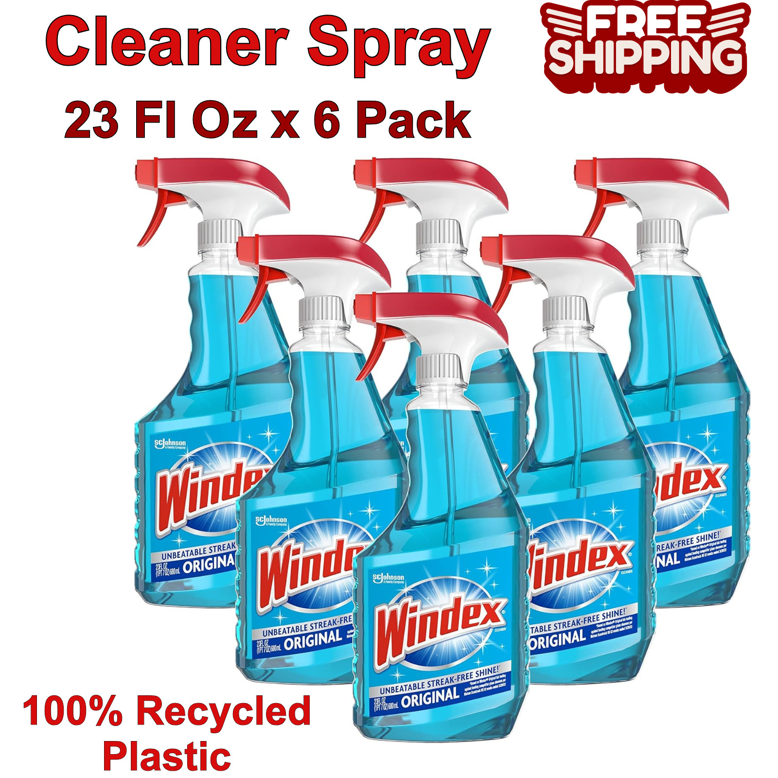 Glass & Window Cleaner Spray – Original Blue 23oz, 100% Recycled Bottle (6-Pack)