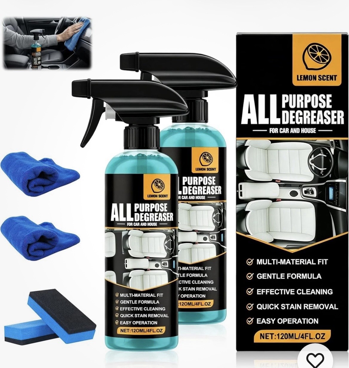 2Pcs All Purpose Degreaser for Car and House, Lemon Scent Multi Heavy-Duty Clean
