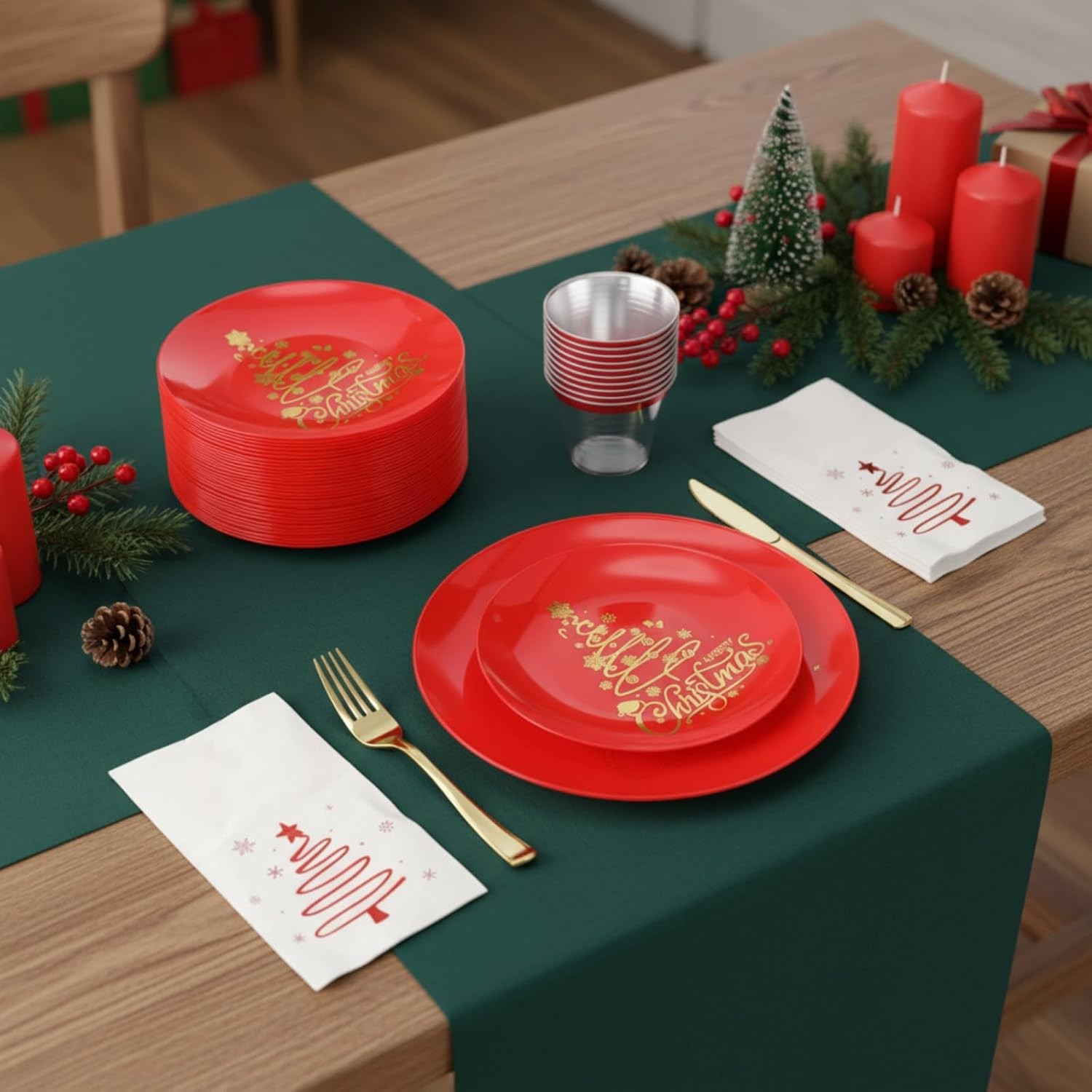 Shellwei Christmas Plastic Dinnerware Set, Xmas Disposable Plates Includes 40