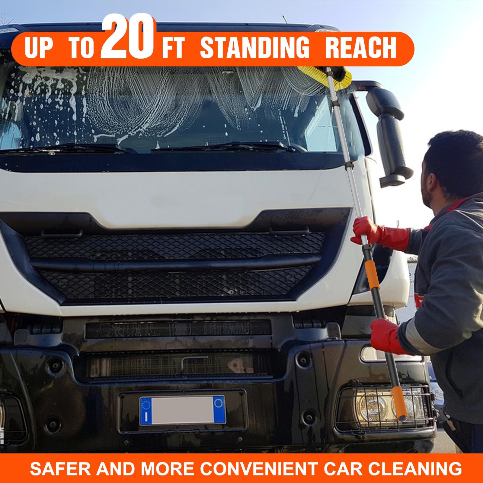 12FT Car Wash Brush with Long Handle, Soft Bristles for RV, Truck, Boat Cleaning