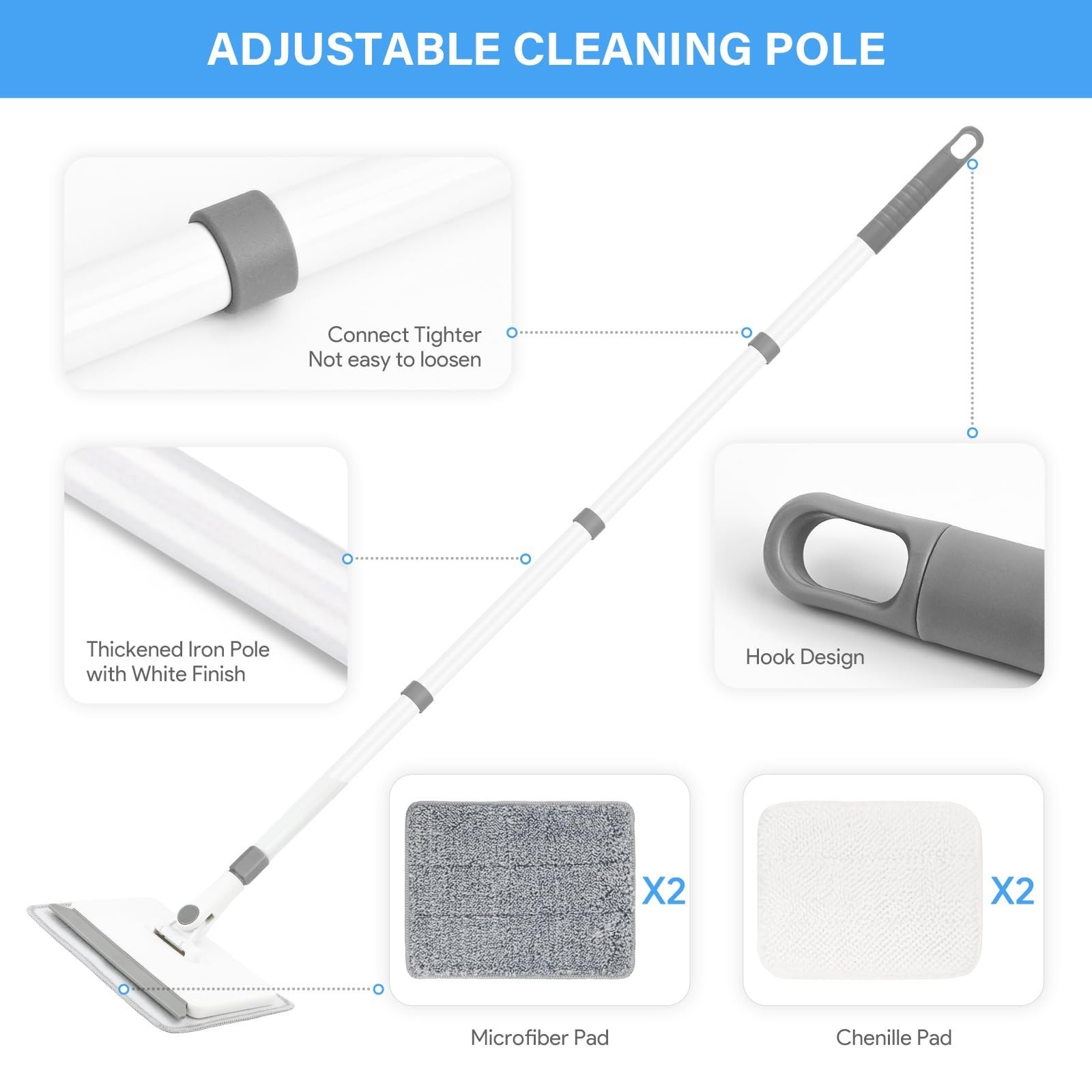 Extendable Baseboard Cleaner Tool with Handle, 4 Reusable Pads for Walls & Floor