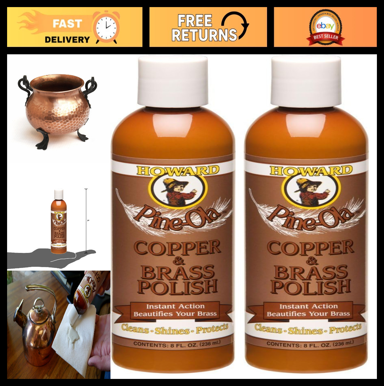 Pine-Ola Copper & Brass Polish – 8 oz, Pack of 2 – Metal Cleaner & Restorer