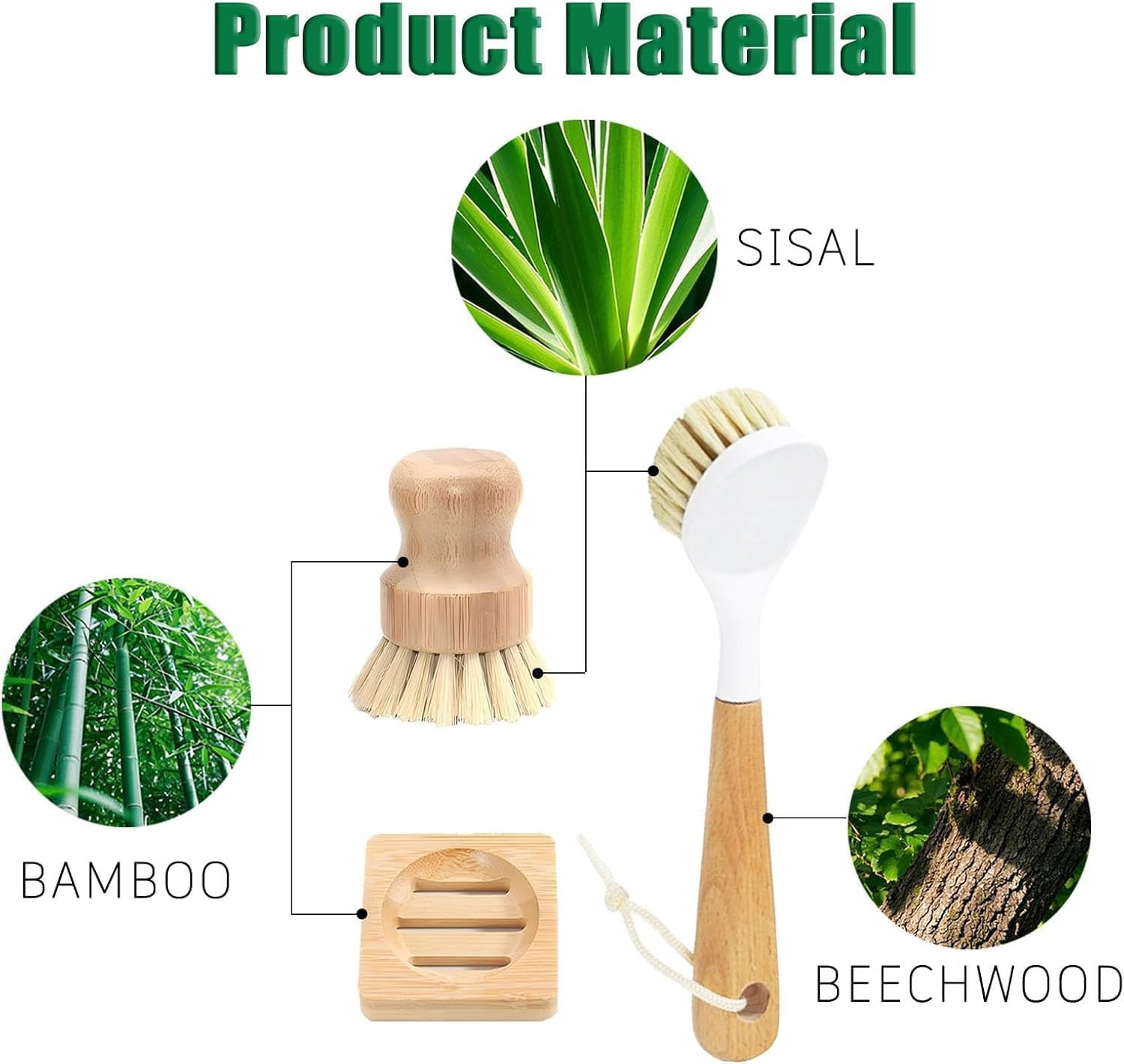 Natural Bristle Dish Brush Set, 1 Wooden Dish Brush and 1 Bamboo Dish Brush with