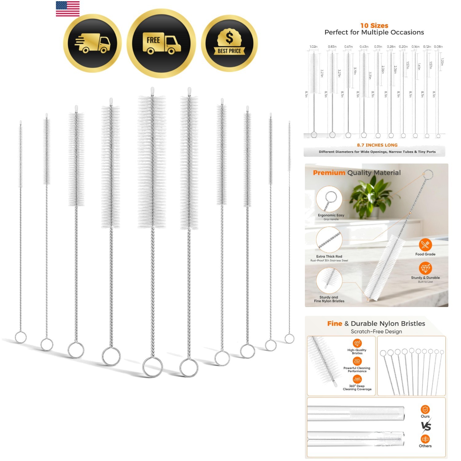 10-Packs Straw Cleaner Brush in Mixed Sizes, 8.7IN Long Reusable Stainless S…