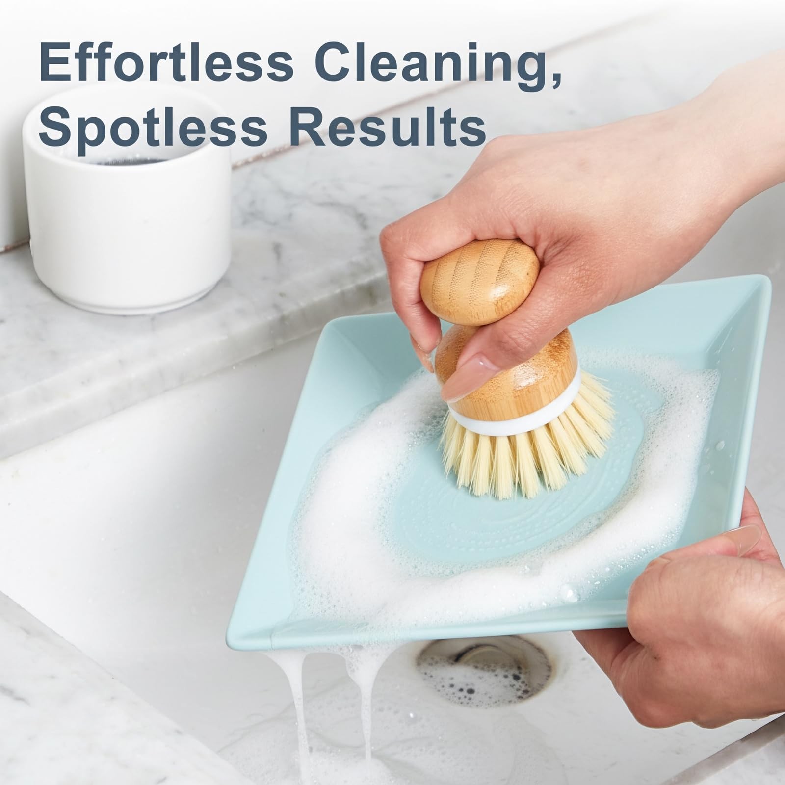 Bamboo Dish Brush with Ceramic Foaming Base, Kitchen Sink Scrub Brush Set wit