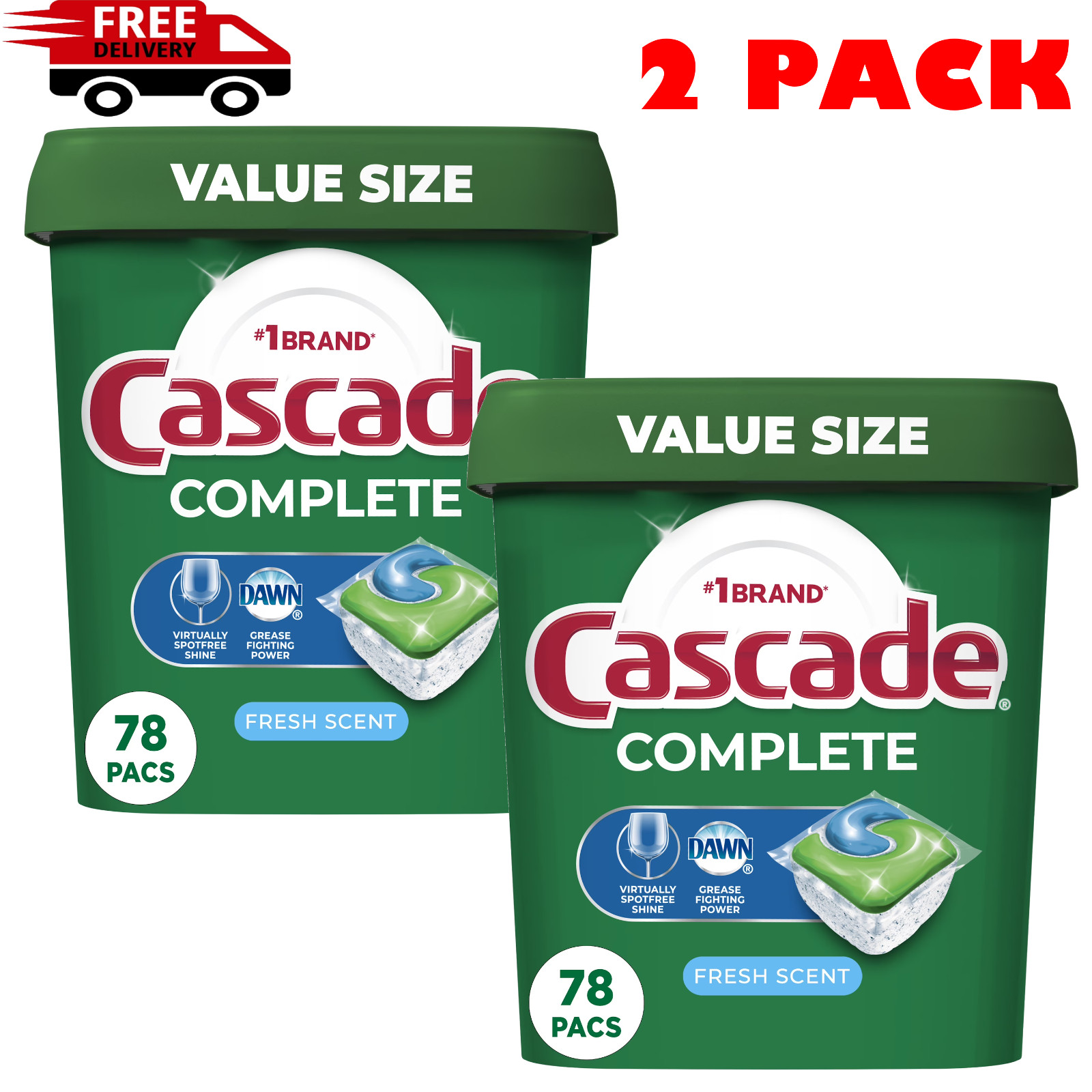 2 PACK – Cascade Complete ActionPacs Dishwasher Detergent Pods Fresh Scent 78 Ct