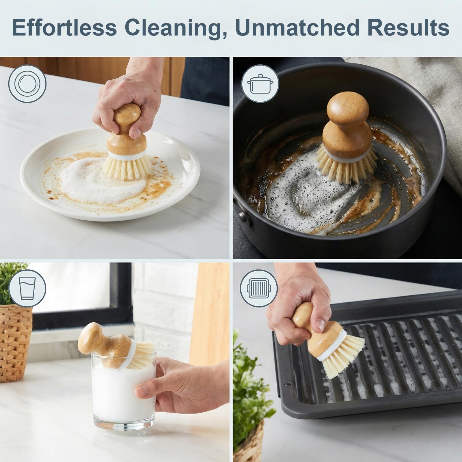 Bamboo Dish Brush with Ceramic Foaming Base, Kitchen Sink Scrub Brush Set wit…