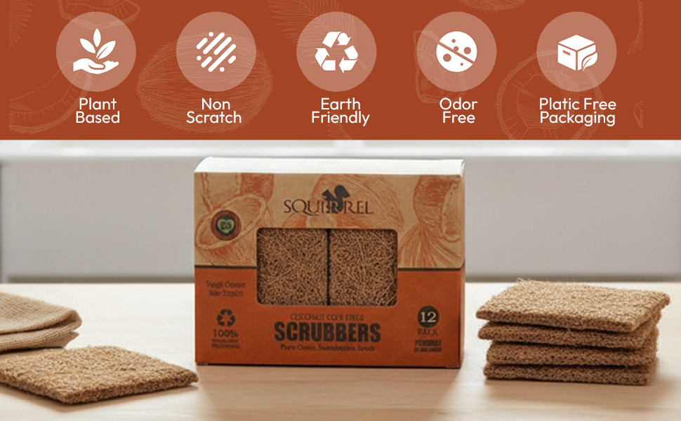 Natural Coconut Coir Fiber Kitchen Scrubbers 12 Pack Biodegradable Non Scratch