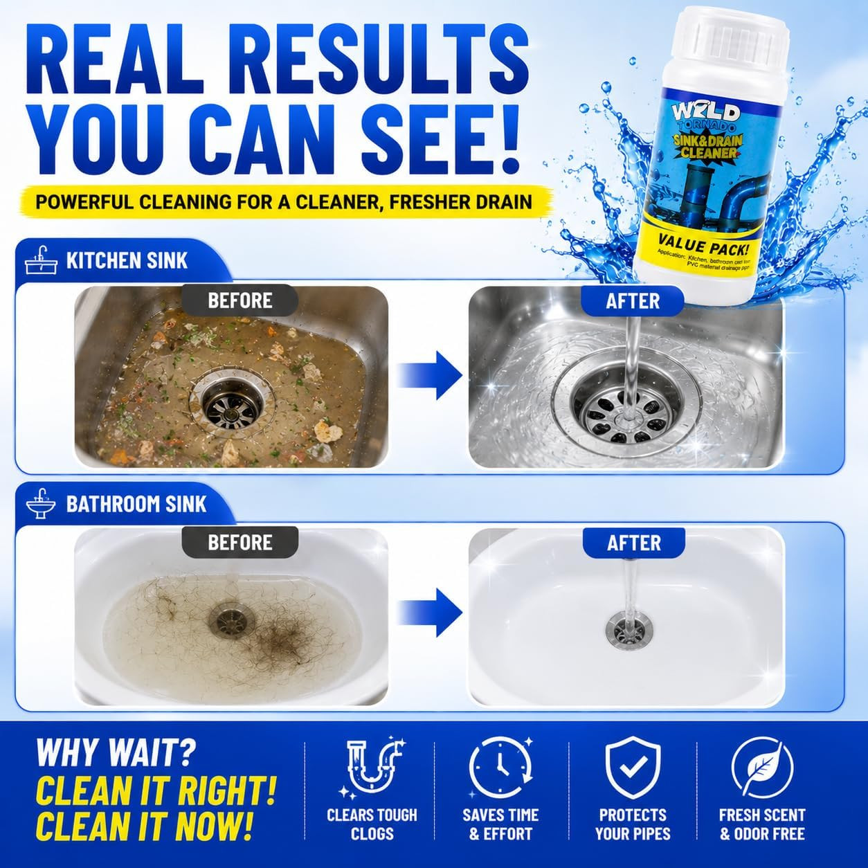 Wild Tornado Sink and Drain Cleaner, Drain Clog Remover & Opener (4Pcs) | Wild T
