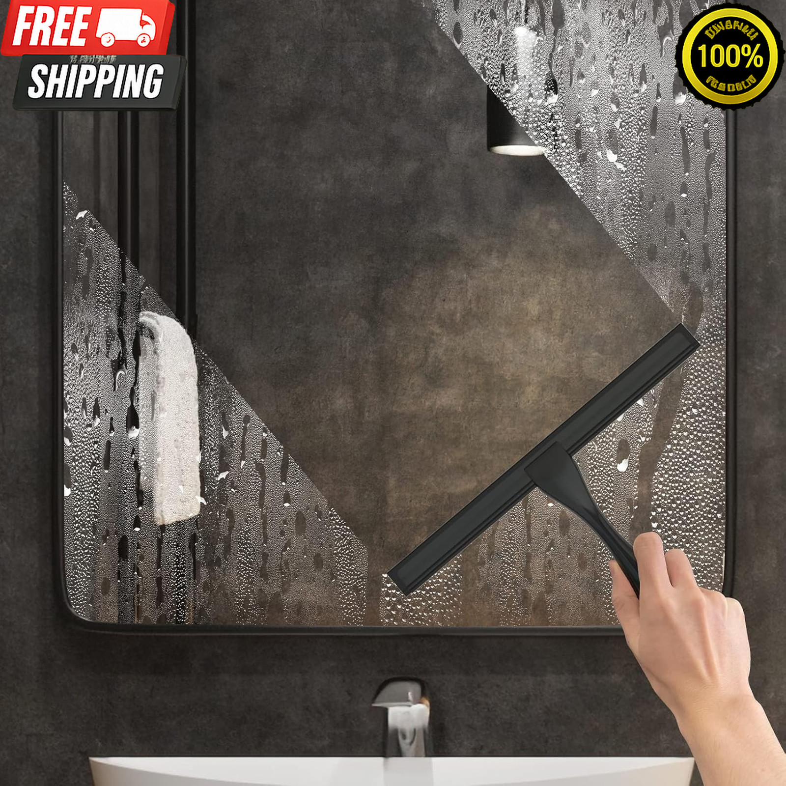 10in Stainless Steel Shower Squeegee Glass Window Cleaner w/ Hook Black