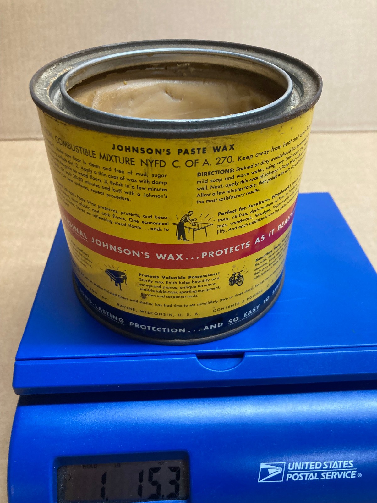 2Lb Can of SC Johnson Paste Wax Approx 85% Full (1 lb 15.3 oz) Discontinued
